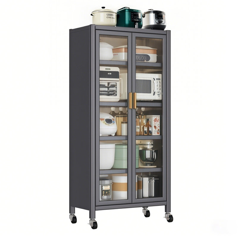 65" Kitchen Pantry Storage Cabinet, 5 Tier Metal Display Storage Cabinet with Transparent Door, Adjustable Shelves & Wheels, Food Pantries Cabinets, for Kitchen, Living Room and Dining Room, Gray