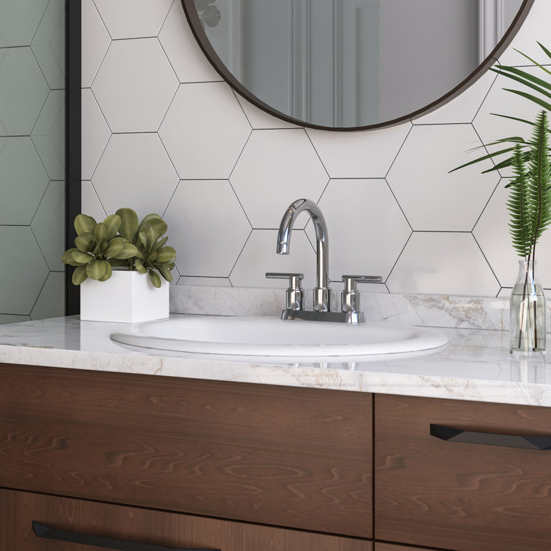 Lavabo de salle de bain ovale encastré en porcelaine vitrifiée blanche avec trop-plein 20 po x 17 po, Robinet à jeu central