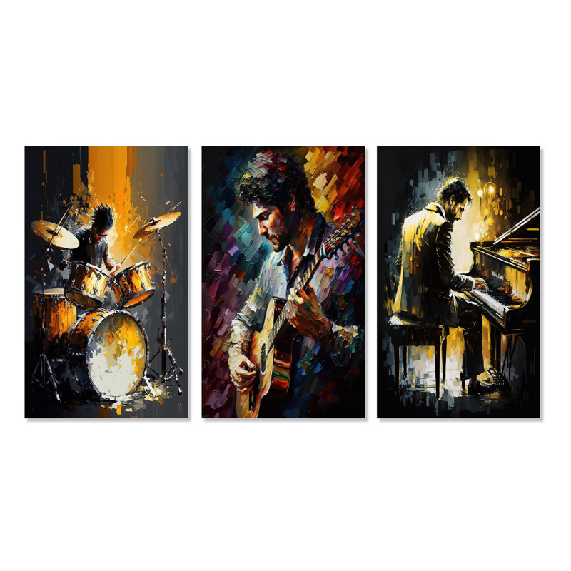 3 pièces sur toile - instruments de musique, H 40 po x l 60 po, Toile tendue