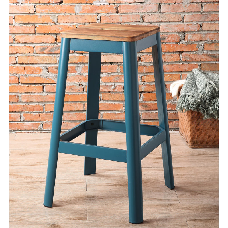 Square Backless Bar Stool In Natural & Teal Colors, Wooden Stationary Seat, Metal Leg Supports, 100Lbs Load Limit With Tube Legs, Weight Capacity, 13" Seat Dimensions