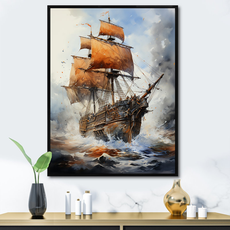 «Pirate Boat Jolly Roger II», reproduction sur toile flottante, H 32 po x l 16 po x P 1 po, Cadre photo noir