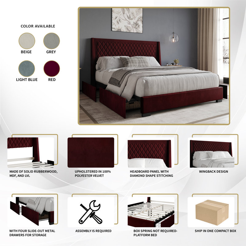 Full Platform Bed with Storage Grey Velvet, Gray, King