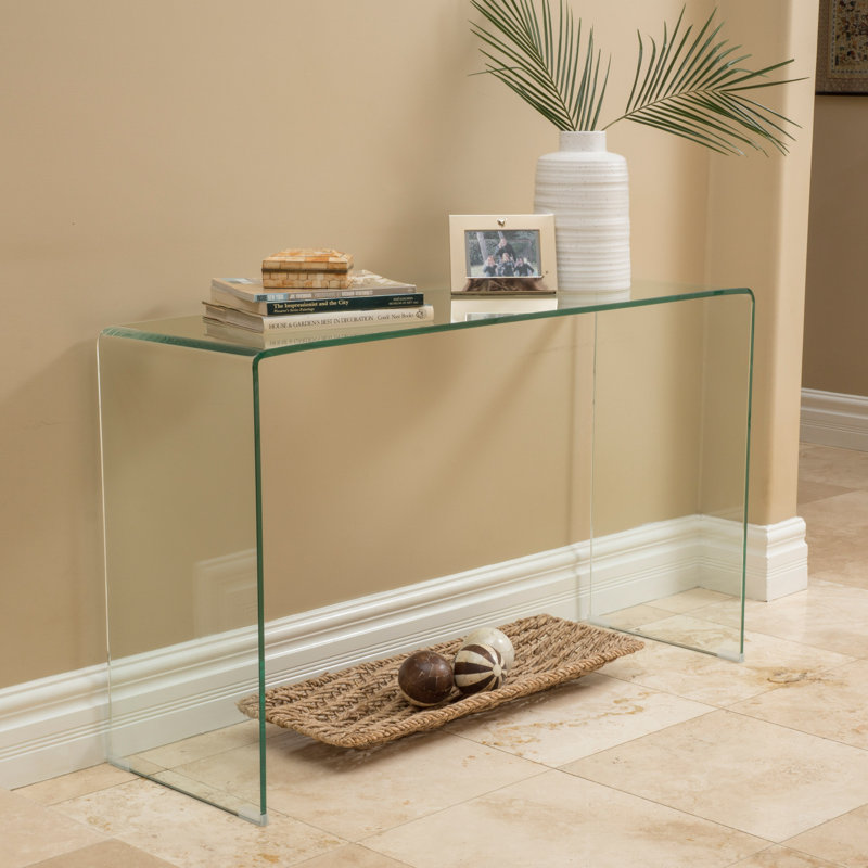  Console moderne en verre trempé, table d'entrée avec bord incurvé et base résistante aux égratignures pour le couloir