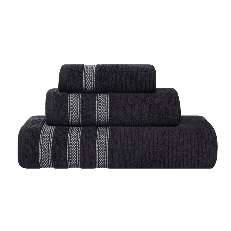 Hershal Zero Twist Cotton Ribbed Modern Geometric Border Soft 3 Piece Bathroom Towel Set, Black