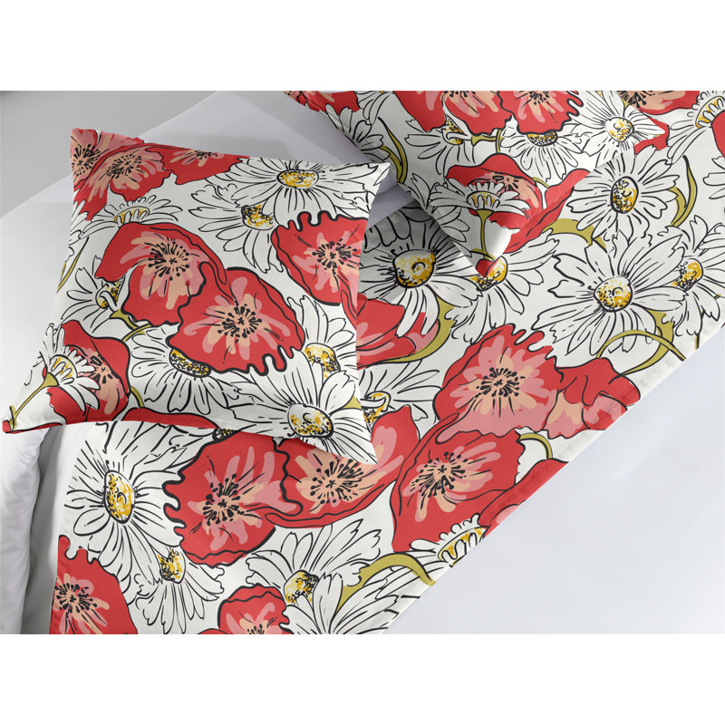 Ensemble de chemin de lit Ambesonne rétro camomille et coquelicots corail foncé, Grand