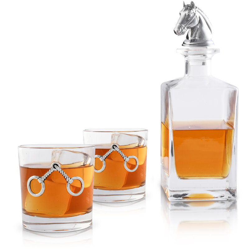 Equestrian Glass Whiskey Decanter with Pair of Bit Double Old Fashion Glasses