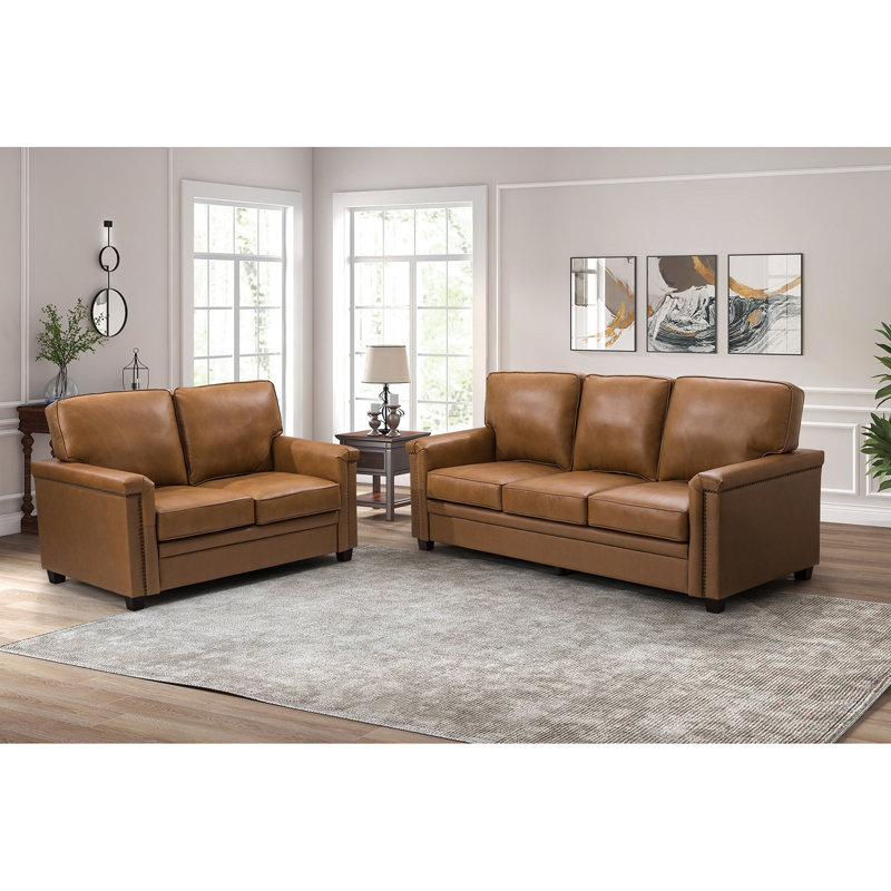 Ansela 77.2" W 2-Piece Genuine Leather Sofa and Loveseat Set, Camel Genuine Leather