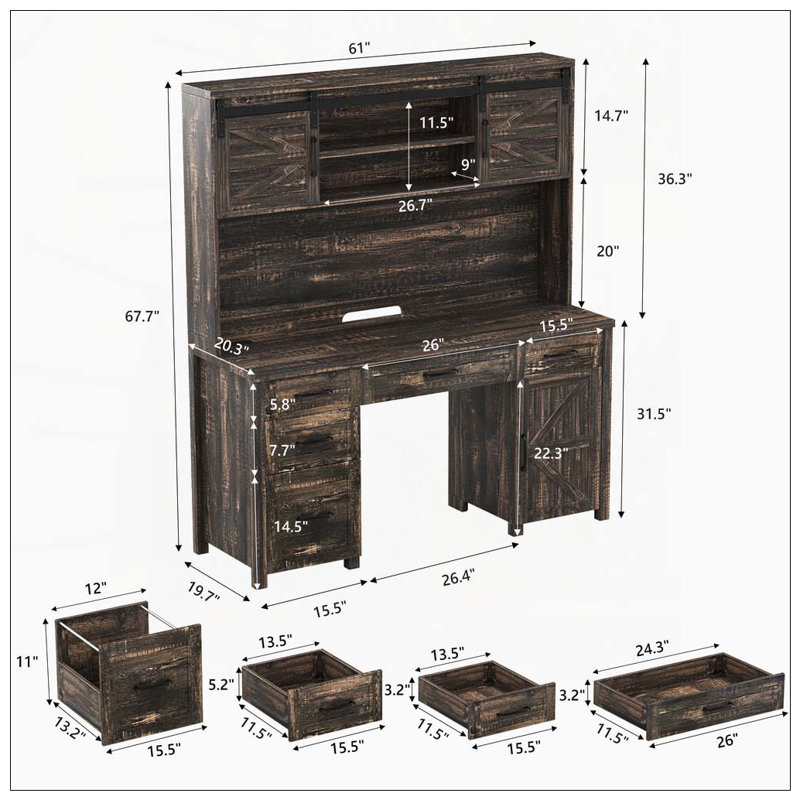 Bureau de direction avec huche et station de charge, bureau d'ordinateur avec 2 portes de grange coulissantes, 5 tiroirs et armoire de rangement avec tablette réglable à 3 positions