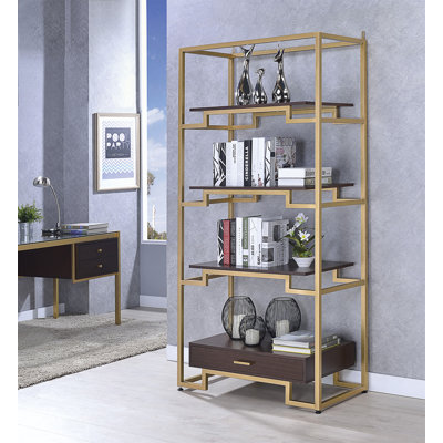 Clear Glass And Gold Finish Bookshelf With Drawer And Fixed Shelves For Stylish Storage