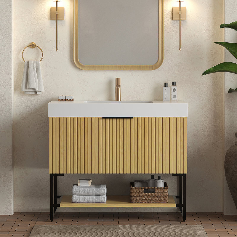 Meuble-lavabo 36 po, armoire de rangement autoportante en contreplaqué rayé avec tiroir et tablette ouverte, lavabo encastré en résine rectangulaire encastré blanc pré-assemblé, couleur grain de bois chêne Corolla