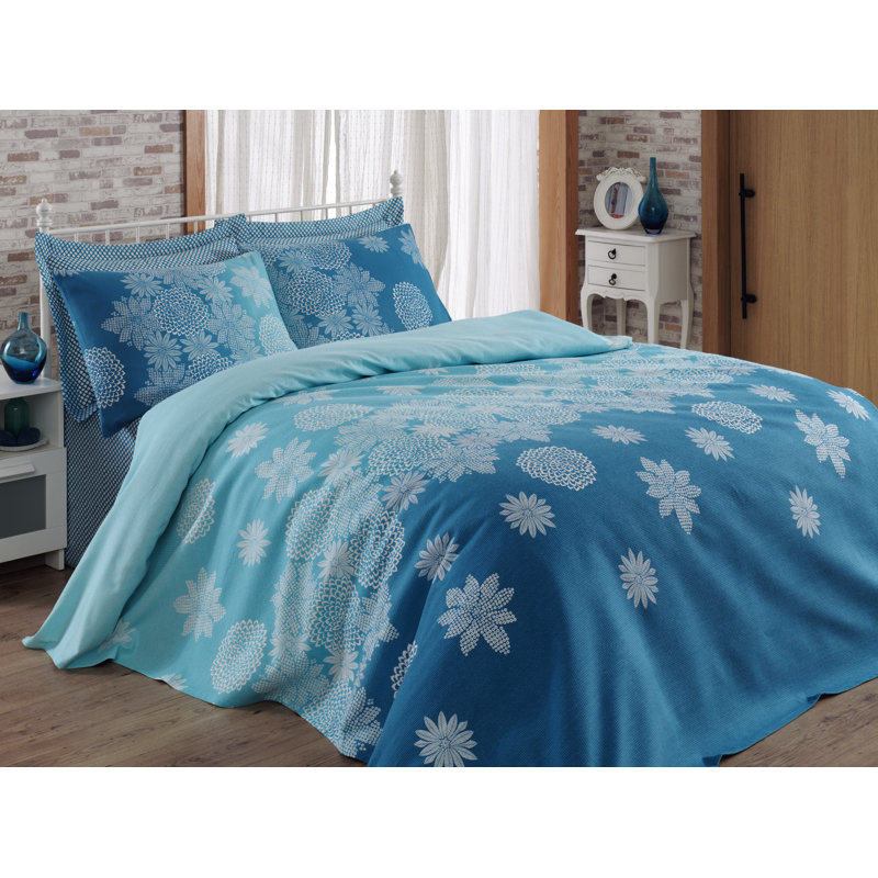 Couvre-lit 100% coton Lakeway, Couvre-lit 63 po x 93 po, Turquoise / blanc