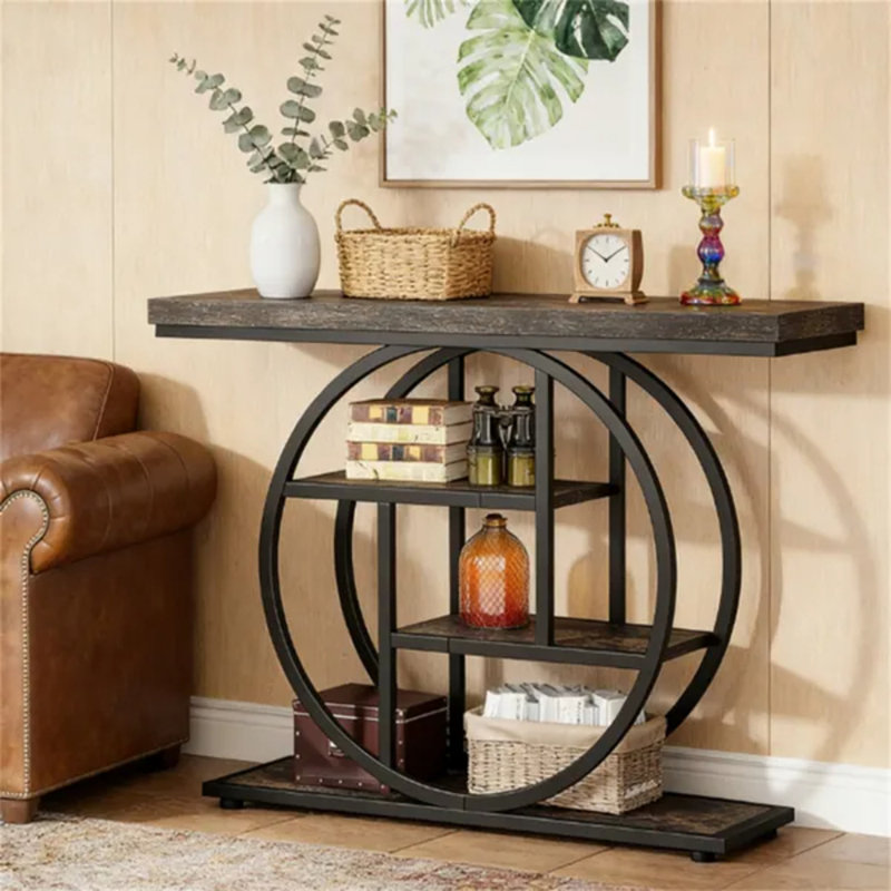 Console industrielle marron rustique avec base circulaire et étagères à 4 niveaux