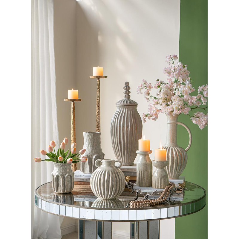 Decorative Round Ceramic Flower Vase with Small Handles and Textured Motif - 9" x 9" x 10" - Gold