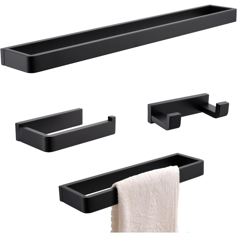 Bathroom Hardware Set 4-Piece Towel Bar Set Square Bathroom Accessories Kit Stainless Steel Wall Mounted, Matte Black