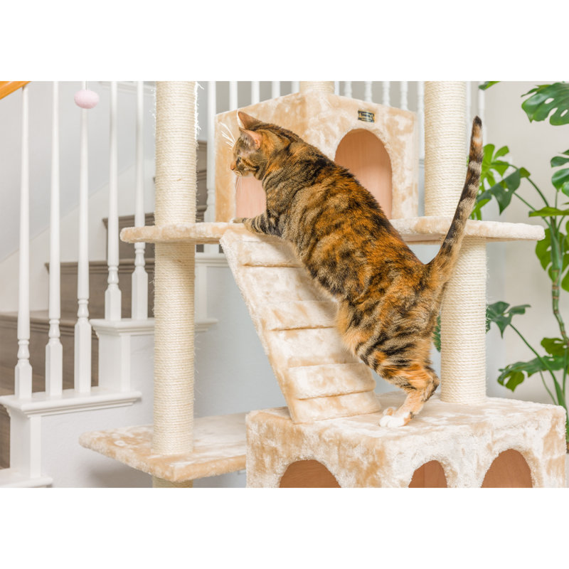 Beige Multi-Level Sisal Cat Tree with Playhouses and Ramps