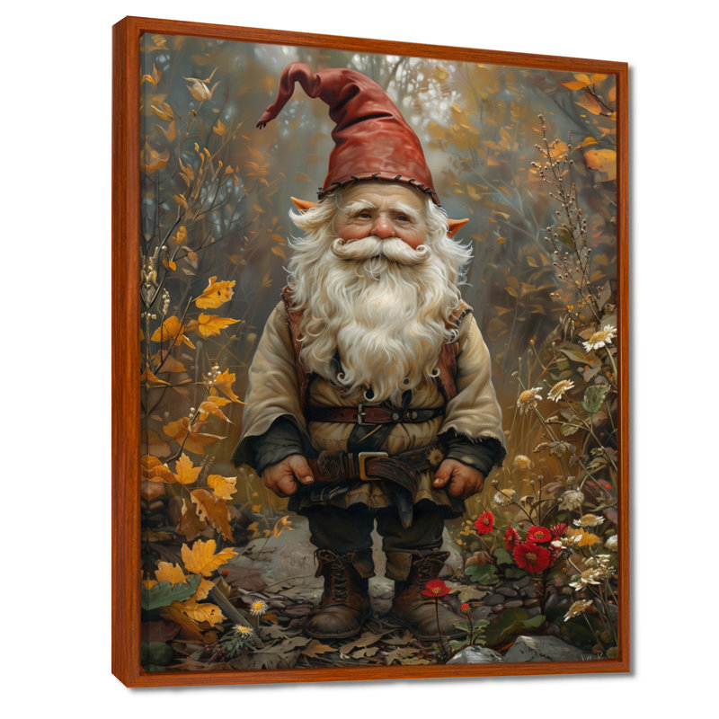 Décoration murale jaune et rouge jardin d'automne - Gnome, Cadre flottant brun, bois massif, H 16 po x l 32 po