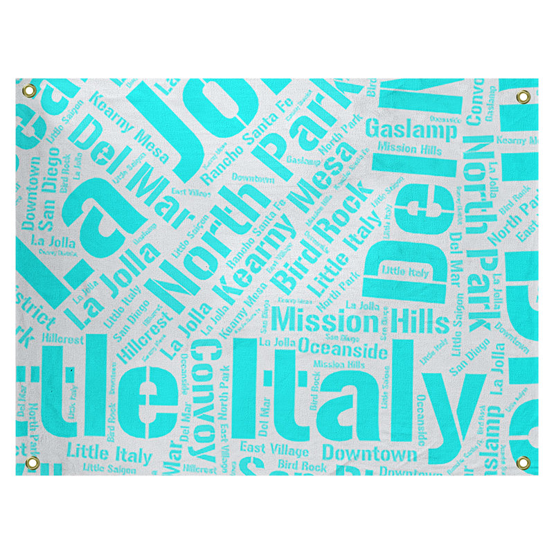 Tapisserie de polyester districts, art word, H 59 po x l 80 po, Cyan, San Diego