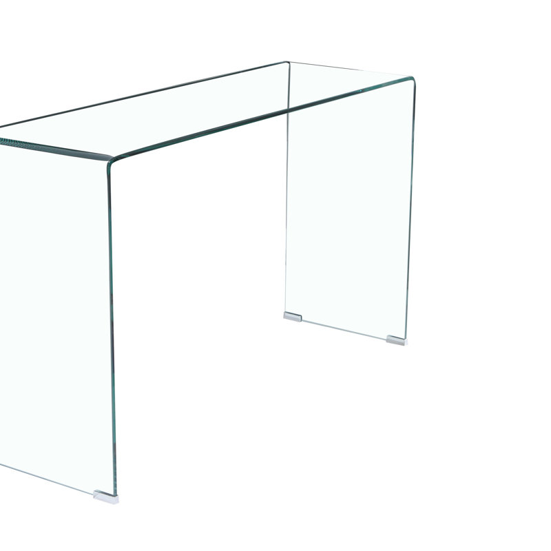 Console en verre, console en verre trempé transparent avec bureaux à bords arrondis, table de canapé