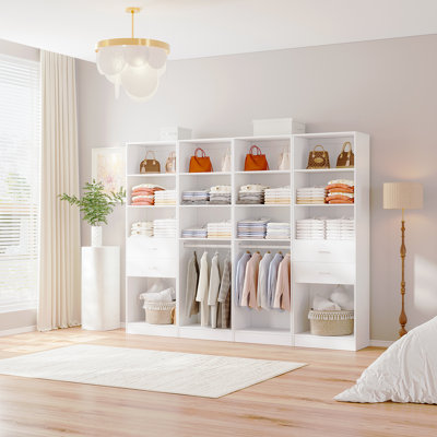 4-piece Set: 99.2"w Wardrobe Storage System With 4 Wooden Drawers, Adjustable Shelves And Hanging Rod