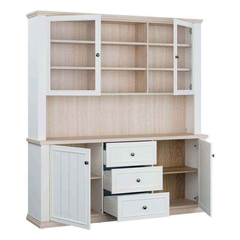 Rosswell Modern cottage style buffet cupboard with 3 drawers and 4 doors, engineered wood, light grey/light oak decor, 183.8 cm W x 202.1 cm H x 43.3 cm D
