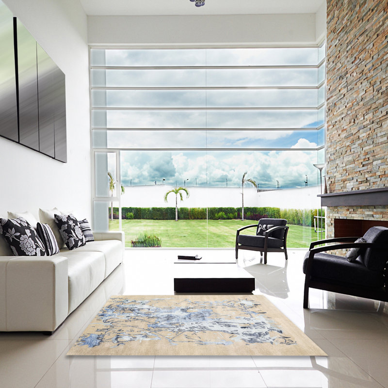 Tapis beige/bleu contemporain, Carré 4 pi