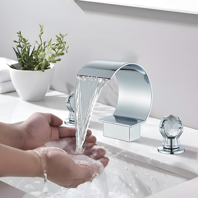 Waterfall Bathroom Faucet 3 Hole, Dual Crystal Handles Basin Mixer Tap, Widespread 8-inch High Arc Bathroom Sink Faucet, Modern Vanity Waterfall Faucet with Supply Hose