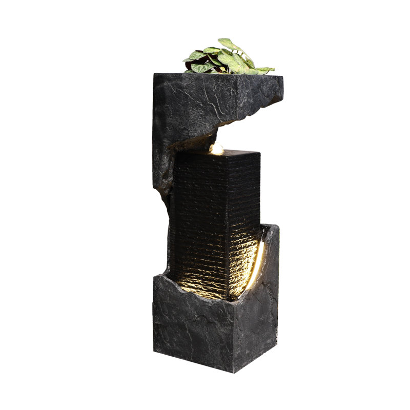 35" Black and Gray Outdoor Waterfall Fountain with LED Lights