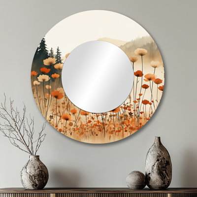 «Orange Wildflowers Meadow Horizion», miroir mural floral rond imprimé métallique