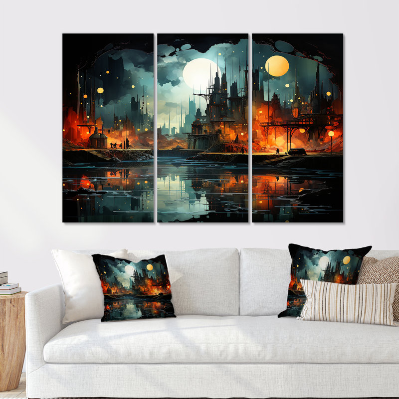 Onyx Outline Industrial Horizon - ensemble d'art mural usines, Toile tendue, H 32 po x l 48 po x P 1 po