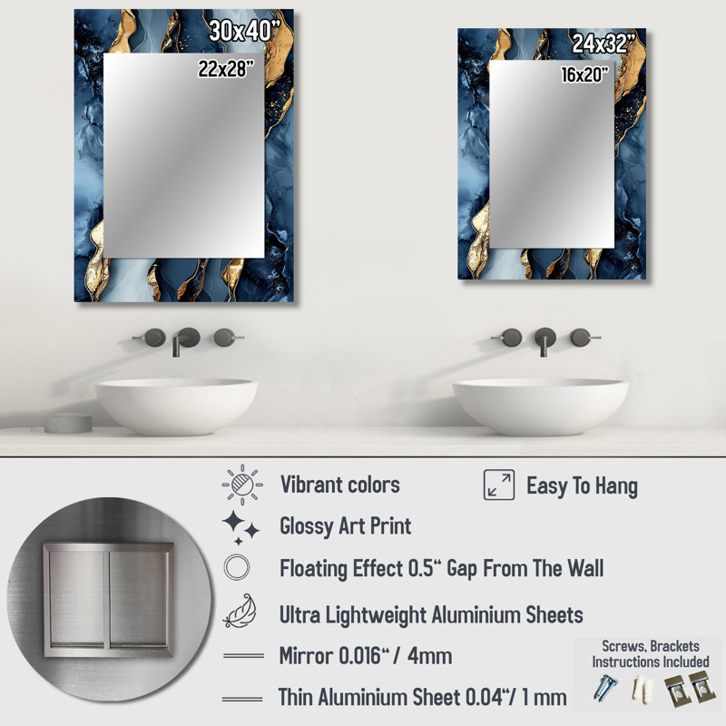 Cascade de marbre côtier I - miroir de formes, miroir mural moderne unique, impression d'art en métal, 32 po x 24 po