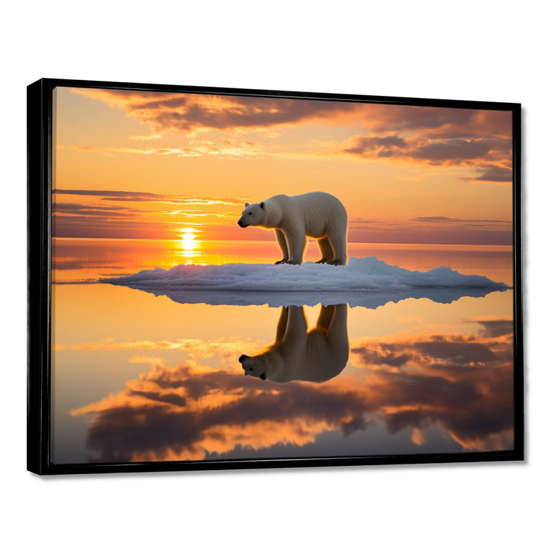 Ours polaire sur l'iceberg, coucher de soleil rose - ours, art mural, H 12 po x l 20 po, Toile flottante noire encadrée