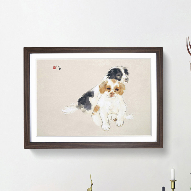 Two Puppies by Takeuchi Seiho - Picture Frame Painting Print, Walnut Framed, 48cm H x 65cm W x 2cm D