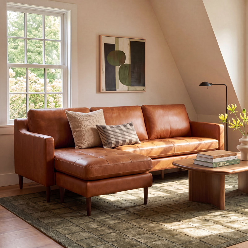 Daylen Genuine Leather Reversible L-Sectional, Saddle Genuine Leather 