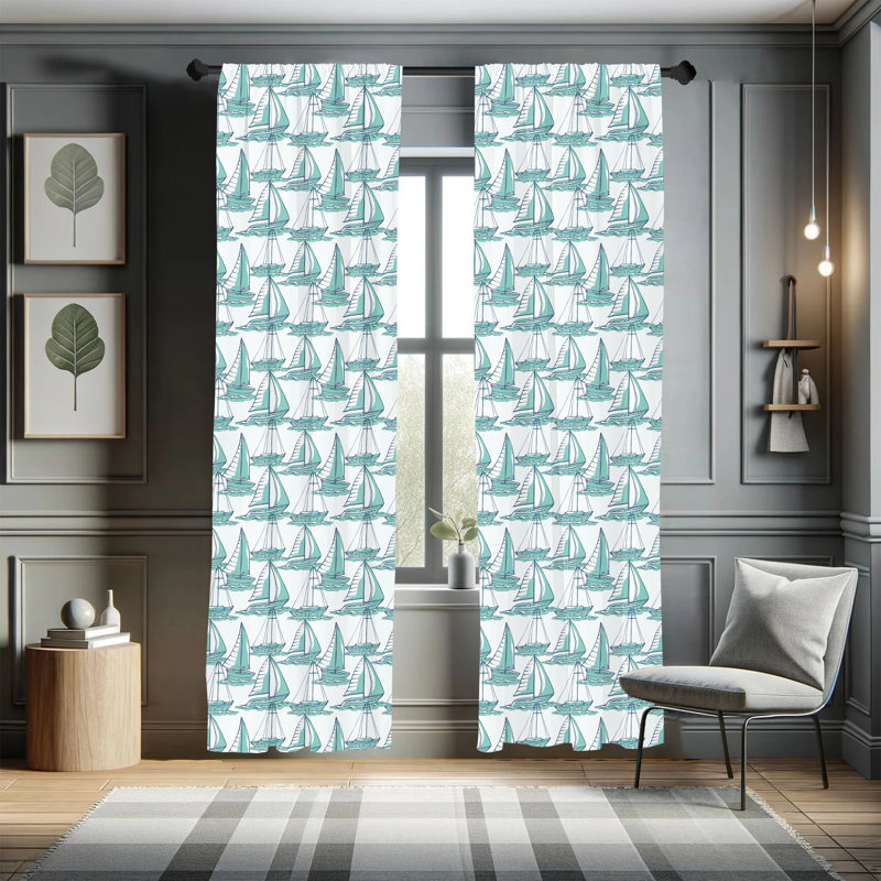 Seafoam Blue Nautical Sailboat Rod Pocket Curtain Panels (Set of 2)