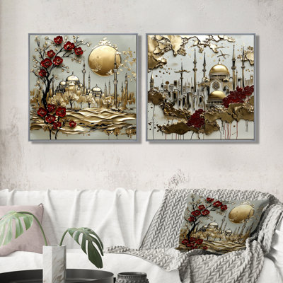 «Golden Red Sultans City in Istanbul I», ensemble d'art décoratif mural industriel à 2 pièces