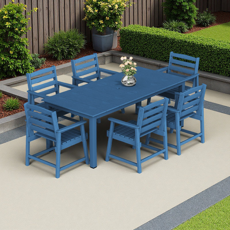 Table et chaises de salle à manger d'extérieur standard 7 pièces, convenant à de multiples décors, Bleu très foncé