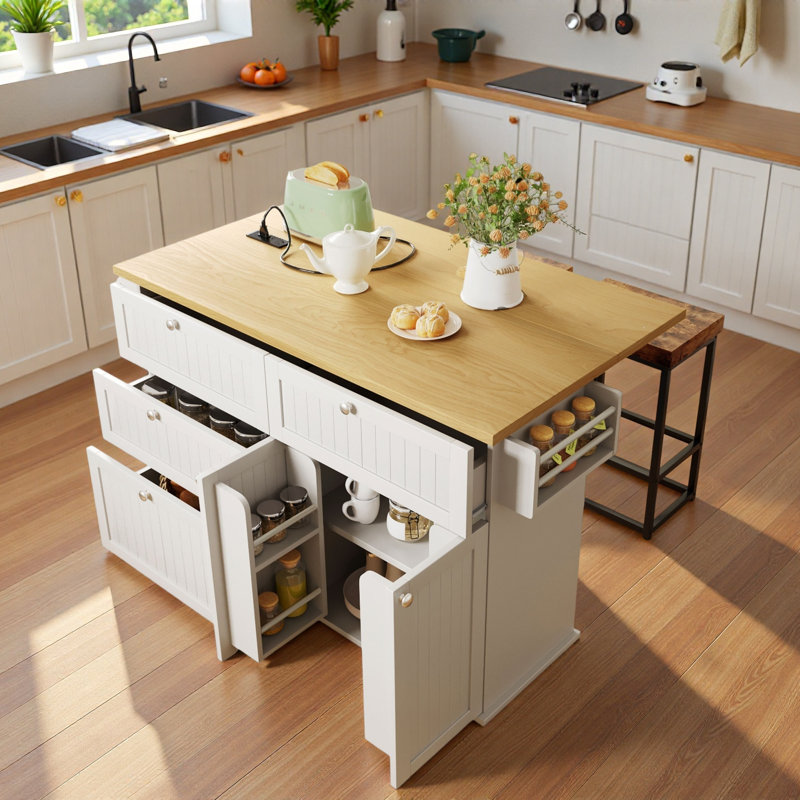 Farmhouse Kitchen Island on Wheels with Drop Leaf, 2 Stools, Storage Cabinet & Drawers, Spice Rack, Towel Rack & Power Outlet