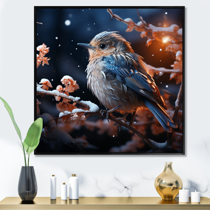 «Winter Blue Bird Serenity II - Bird», art mural, Cadre flottant noir, H 16 po x l 16 po x P 1 po