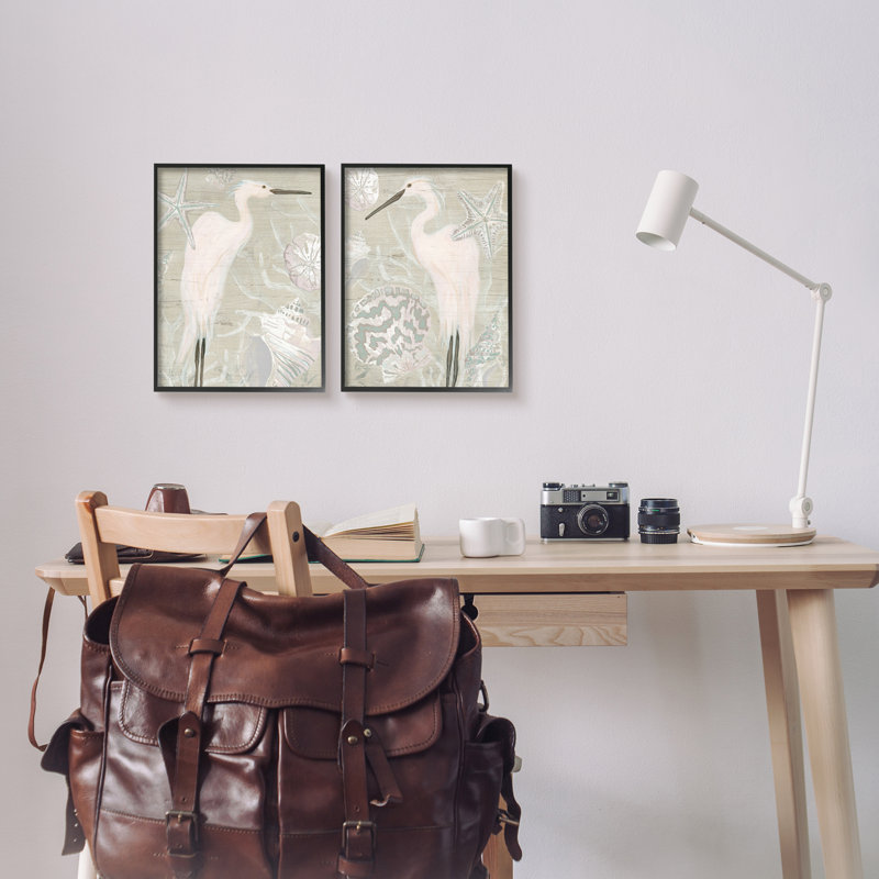 White Heron Nautical Seashells Rustic Starfish Wildlife, L 11 po x H 14 po, Giclée encadrée noir minuit