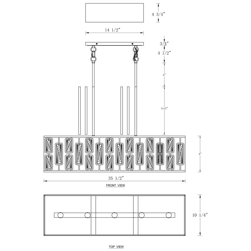 Luminaire suspendu 5 lumières pour îlot de cuisine, cristaux rectangulaires avec cadre noir