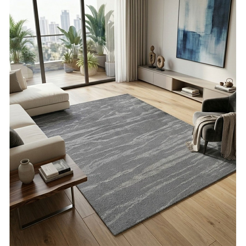Gris contemporain | Tapis intérieur beige en soie noué à la main, Rectangle de 5 pi x 8 pi