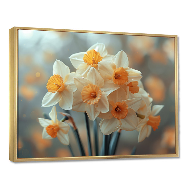 «White Orange Trumpet Of Hope Daffodils - Daffodils», art mural, Cadre flottant doré, H 16 po x l 32 po