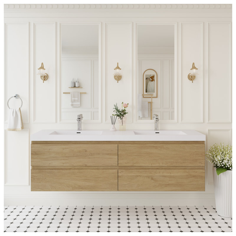 Ensemble de meuble-lavabo double 72 po avec plateau à surface solide et tiroirs à fermeture en douceur en chêne naturel 72 po