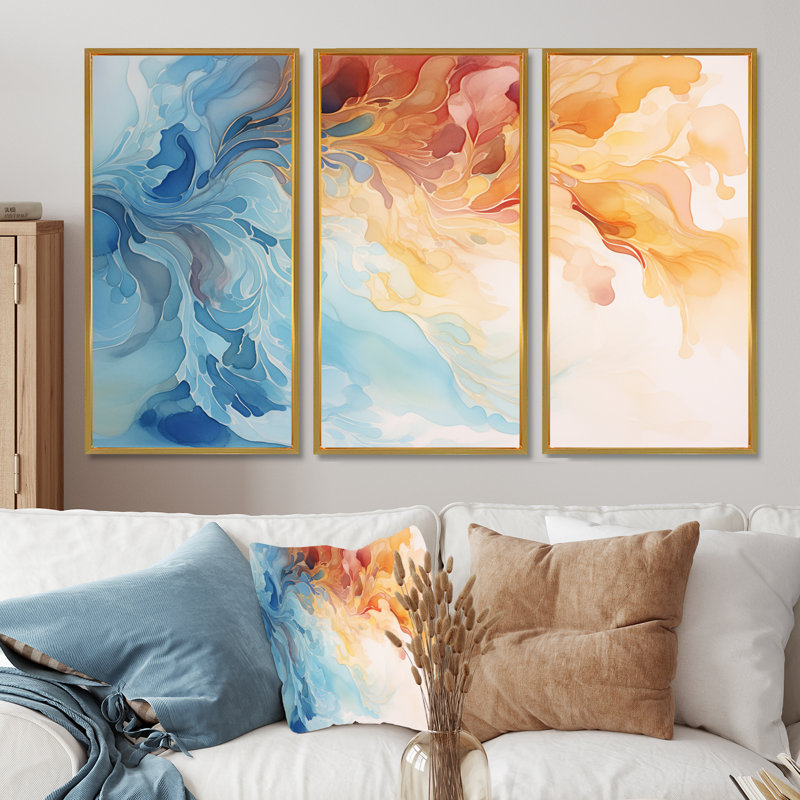 Cuthburt - Liquid Ink Abstract Wall Art Living Room Set, Gold Floater Framed, 28" H x 36" W x 1" D