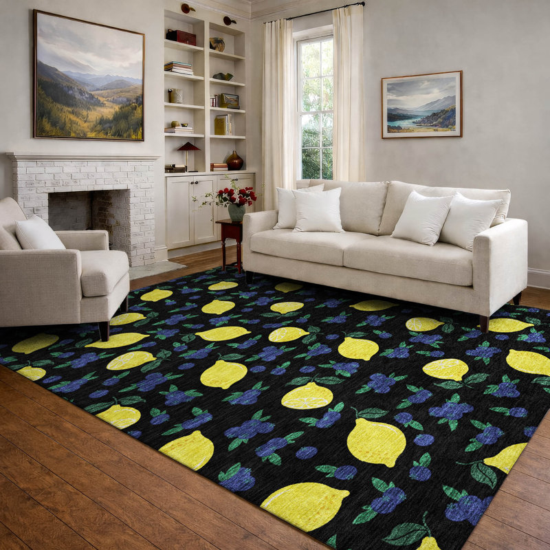 Premium Machine Washable Mayfield  Fruits Rug, 5' x 7'6", Black
