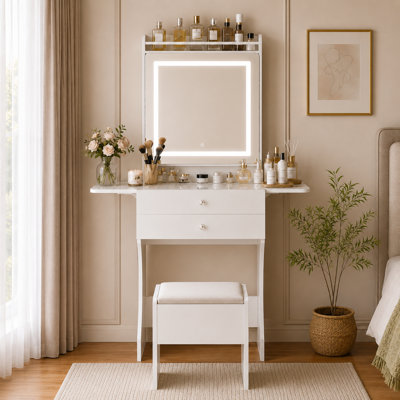 Petit meuble-lavabo avec lumières, ensemble de meuble-lavabo pliant avec tabouret, meuble-lavabo à plateau en verre avec rangement caché