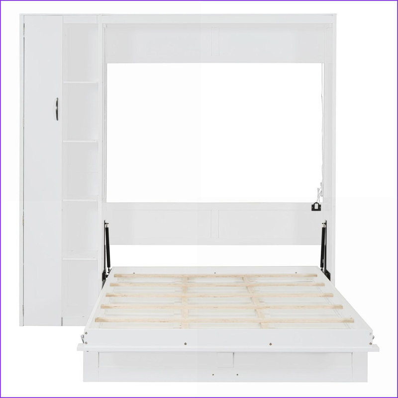 Lit escamotable double pleine grandeur avec tablettes DEL et panneau de fibres à densité moyenne contreplaqué blanc pour petits espaces