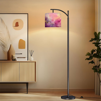 Arc Floor Lamp with Adjustable Lampshade Violet lavender liquid watercolor marble golden lines Standing Lamp 3 Color Temperatures Dimmable Tall Pole Lamp with Foot Switch for Bedroom