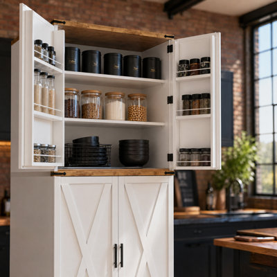 72.8'' Tall Kitchen Pantry Cabinet With 4 Barn Doors,Wood Storage Cabinet With Adjustable Shelves For Dining Room Living Room, White