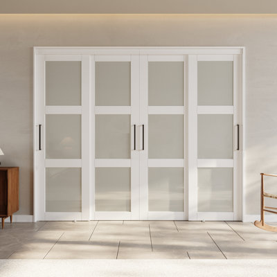 80" or 96" Height Assembled White Prefinished 3-Lite Tempered Frosted Glass Sliding Door Room Divider with Hardware & Handles